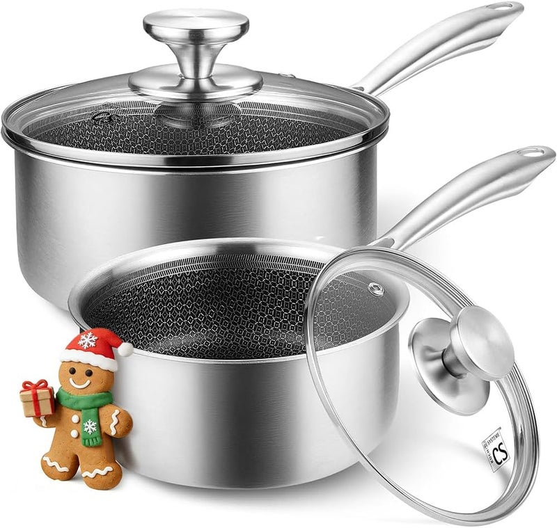 KOCH SYSTEME CS Hybrid Nonstick Stainless Steel Saucepan Set, 1QT & 2QT Triply Stainless Steel Saucepan Set with Hybrid Nonstick Honeycomb Interior, 4-Piece Sauce Pans, Induction Steel Pot Set - Image 1